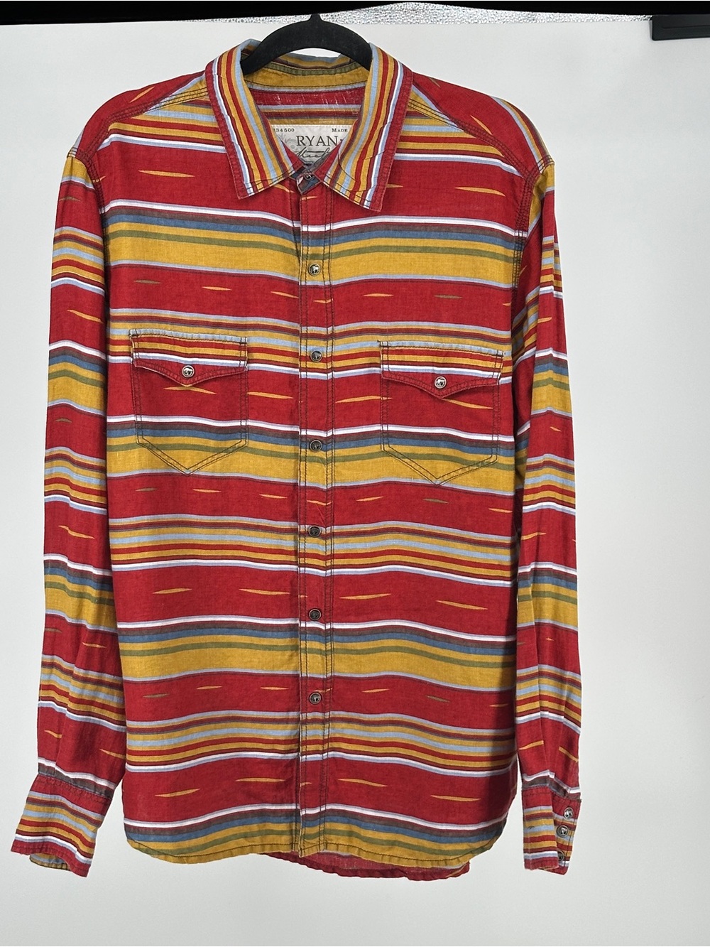 Ryan Michael Linen Blend Men's Large Red Yellow Striped Casual Button-Down Shirt